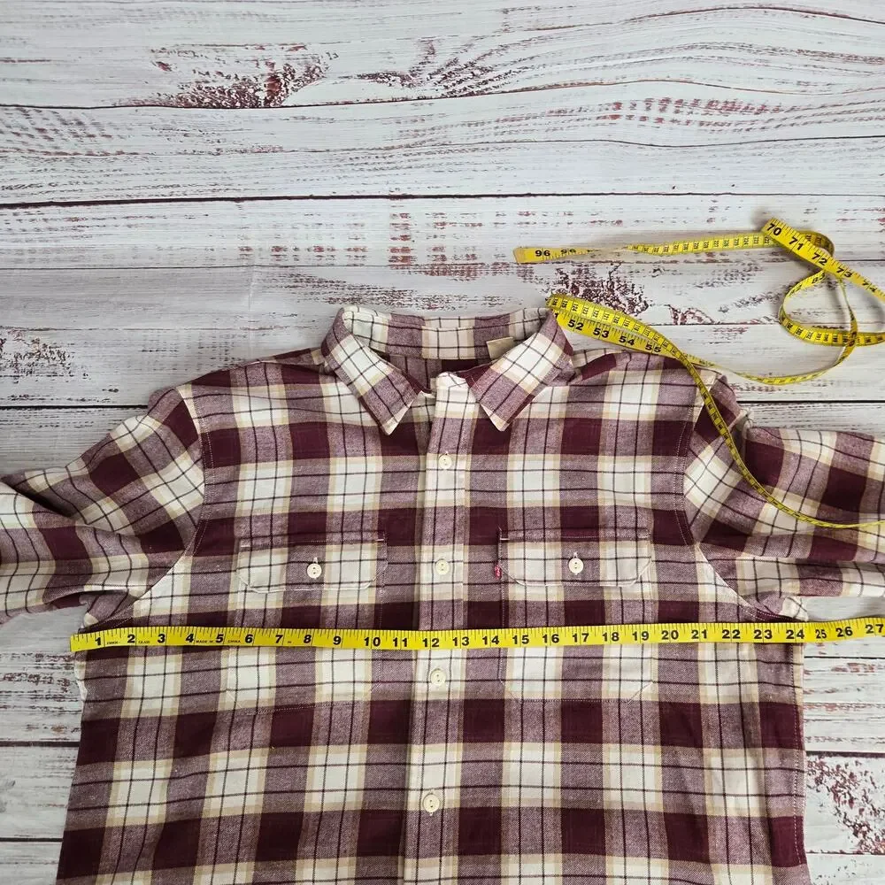 Levis Men Flannel L Burgundy Tan Check Soft Cotton Blend Casual Gorpcore Outdoor